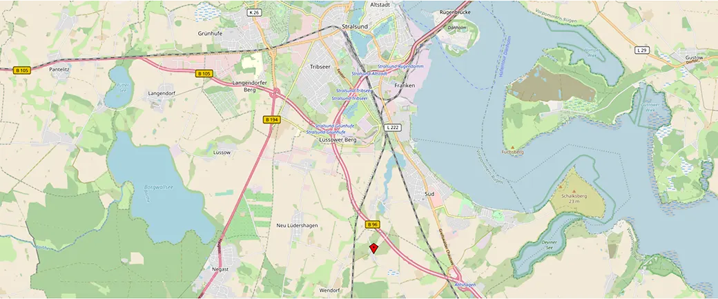 Kartenausschnitt Insolvenzberatung RA Schubert - Büro Stralsund - mit Standortmarkierung